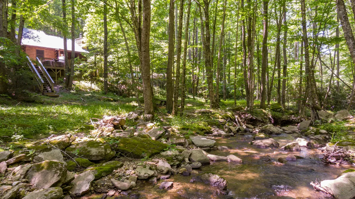 The hero image shows a charming wooden cabin nestled among tall trees beside a gentle stream, with a cozy porch overlooking the water. The lush forest setting suggests privacy and tranquility, while the creek adds a soothing, romantic ambiance ideal for couples seeking a peaceful getaway.